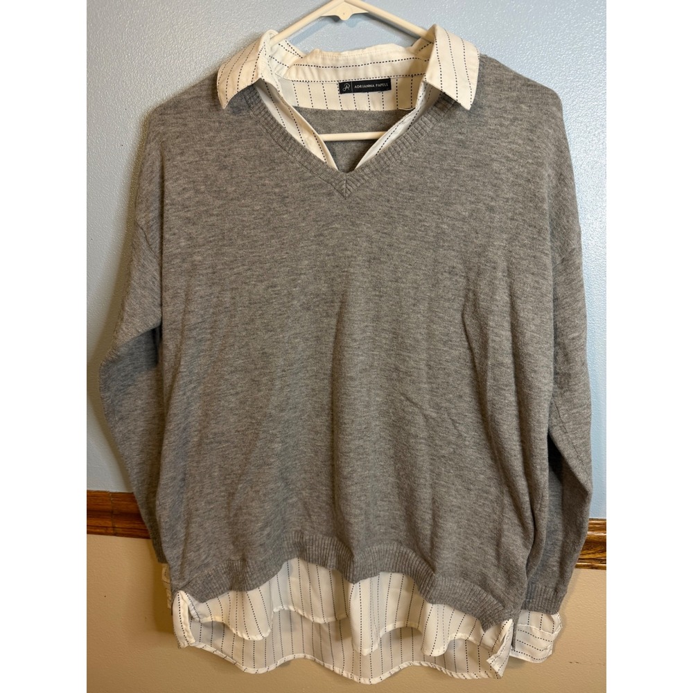 Adrianna Papell Grey Mixed Media Pinstripe Layered Sweater V-Neck Top AD1S301010